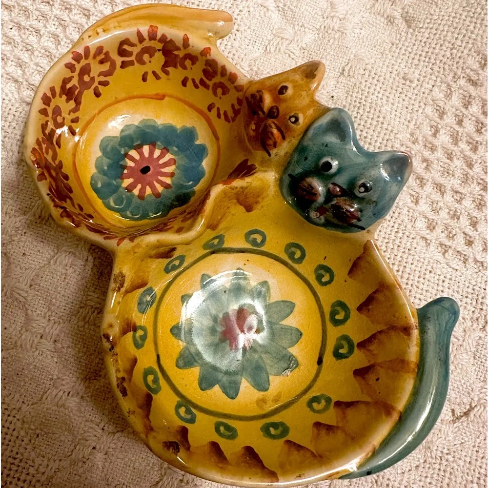 MODIGLIANI VIA CONDOTTI ROMA ITALY CAT DOUBLE BOWL POTTERY DISH NUT RELISH 6